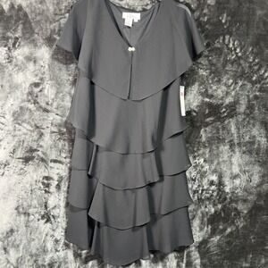 NWT Patra black tiered chiffon cocktail dress with a rhinestone brooch accent 8P